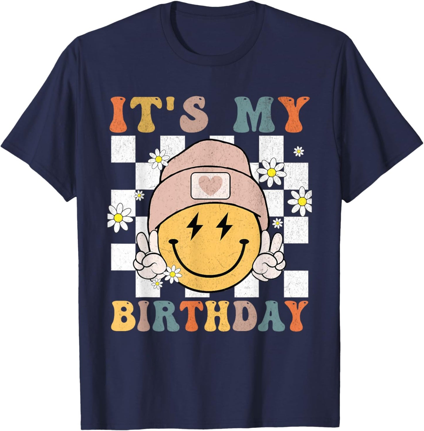 Retro It's My Birthday Smile Face Groovy Girl Kid Women T-Shirt - T-Shirt | Navy