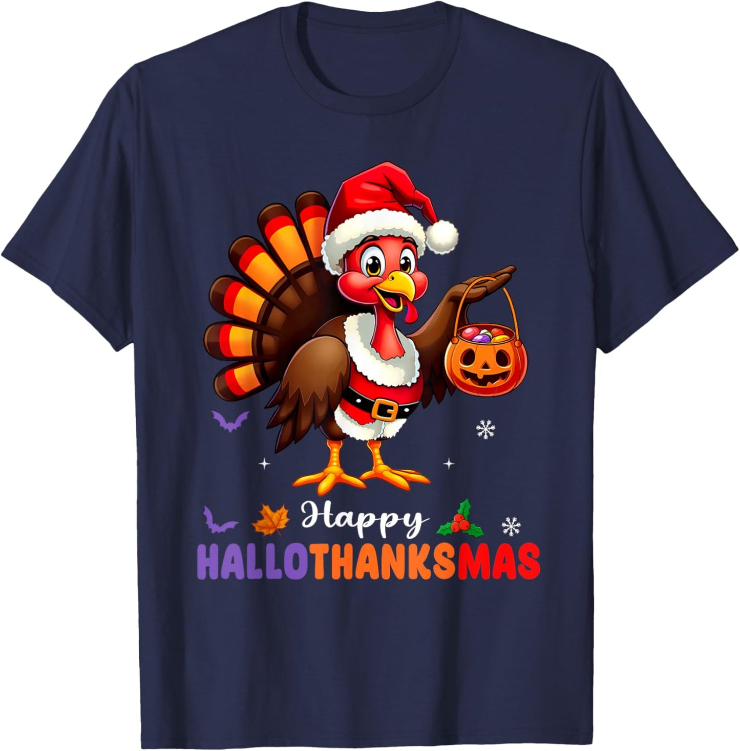 Happy Hallothanksmas Shirt Halloween Thanksgiving Christmas T-Shirt - T-Shirt | Navy