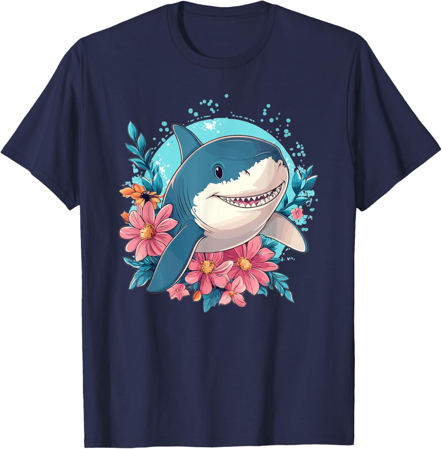 Cute Shark With Flowers I Shark T-Shirt - T-Shirt | Navy