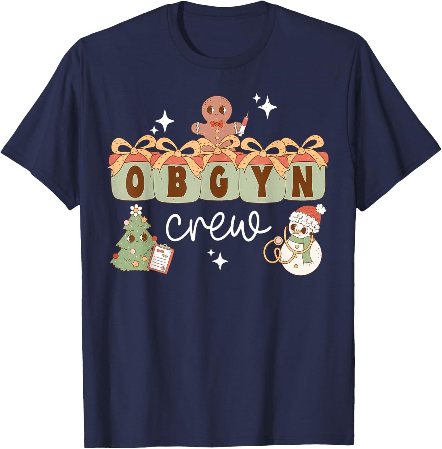 OBGYN Nurse Labor And Delivery Nurse Christmas : Retro OBGYN Crew Obstetrics Team Nursing Team Xmas - Black, Small, -Adults, Short Sleeve T-Shirt - T-Shirt | Navy