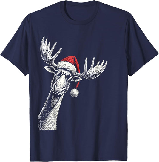 Moose Christmas Santa Hat Pajama Funny Moose Xmas T-Shirt - T-Shirt | Navy