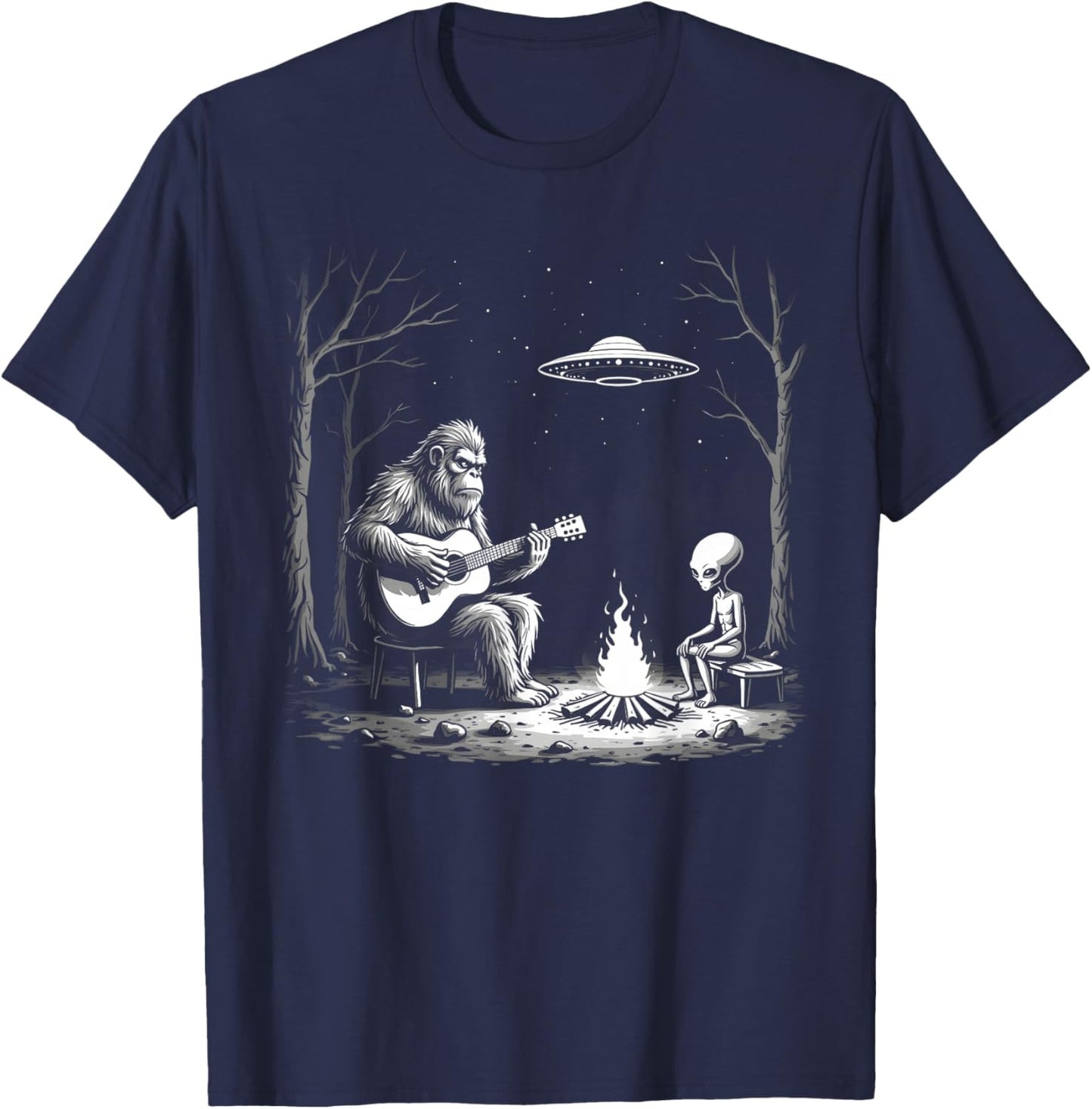 Bigfoot Guitar Campfire Alien Ufo Camping Sasquatch T-Shirt - T-Shirt | Navy
