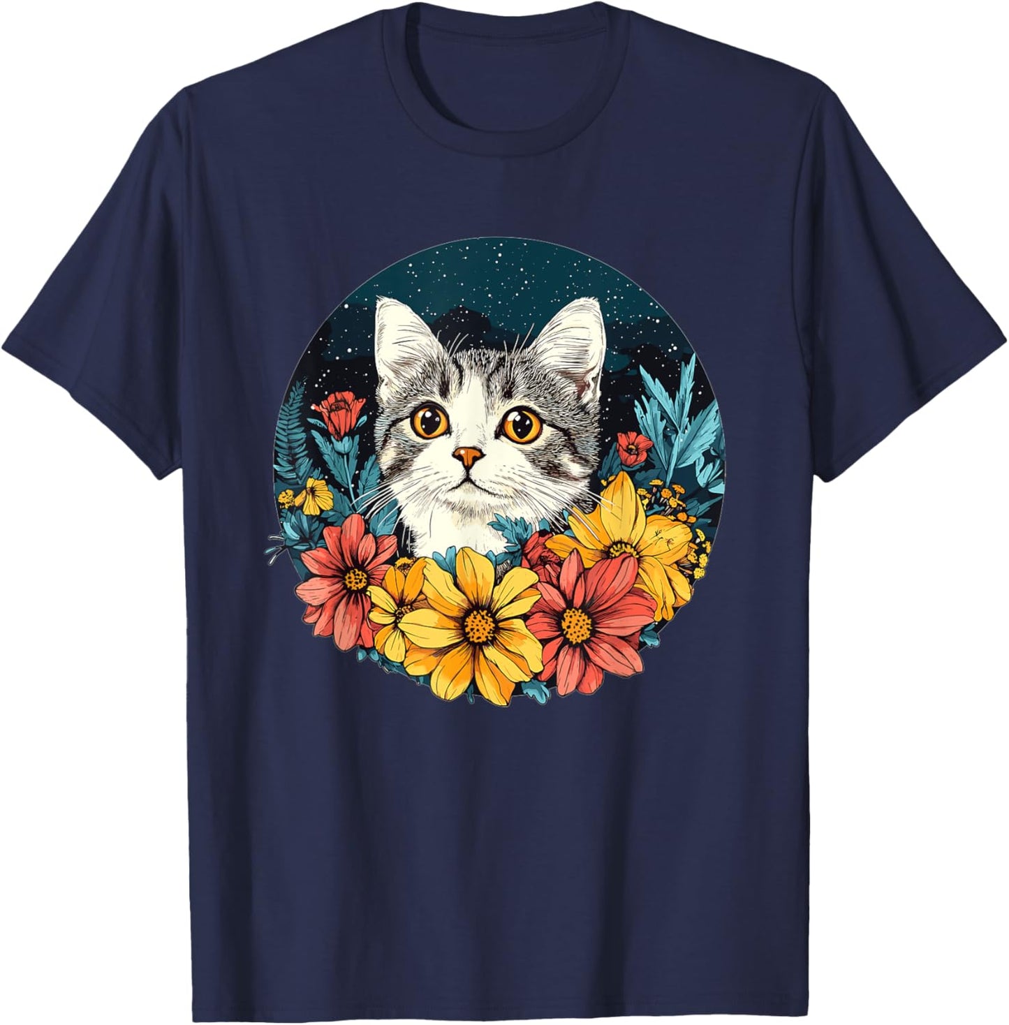 Cute Cat With Flowers Vintage Floral Art T-Shirt - T-Shirt | Navy