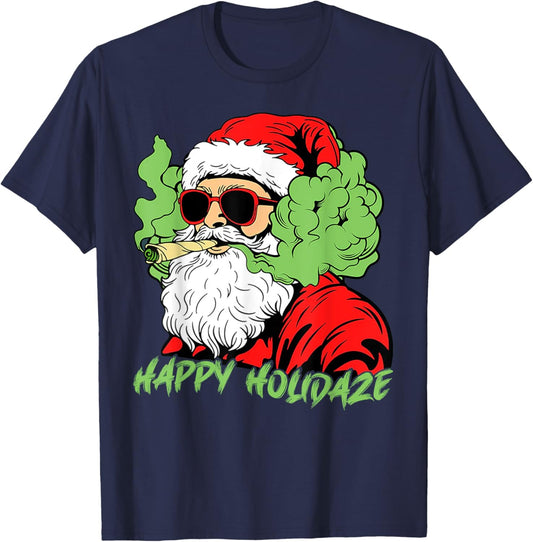 Happy Holidaze Santa Stoner Christmas Santa Smoking Xmas T-Shirt - T-Shirt | Navy