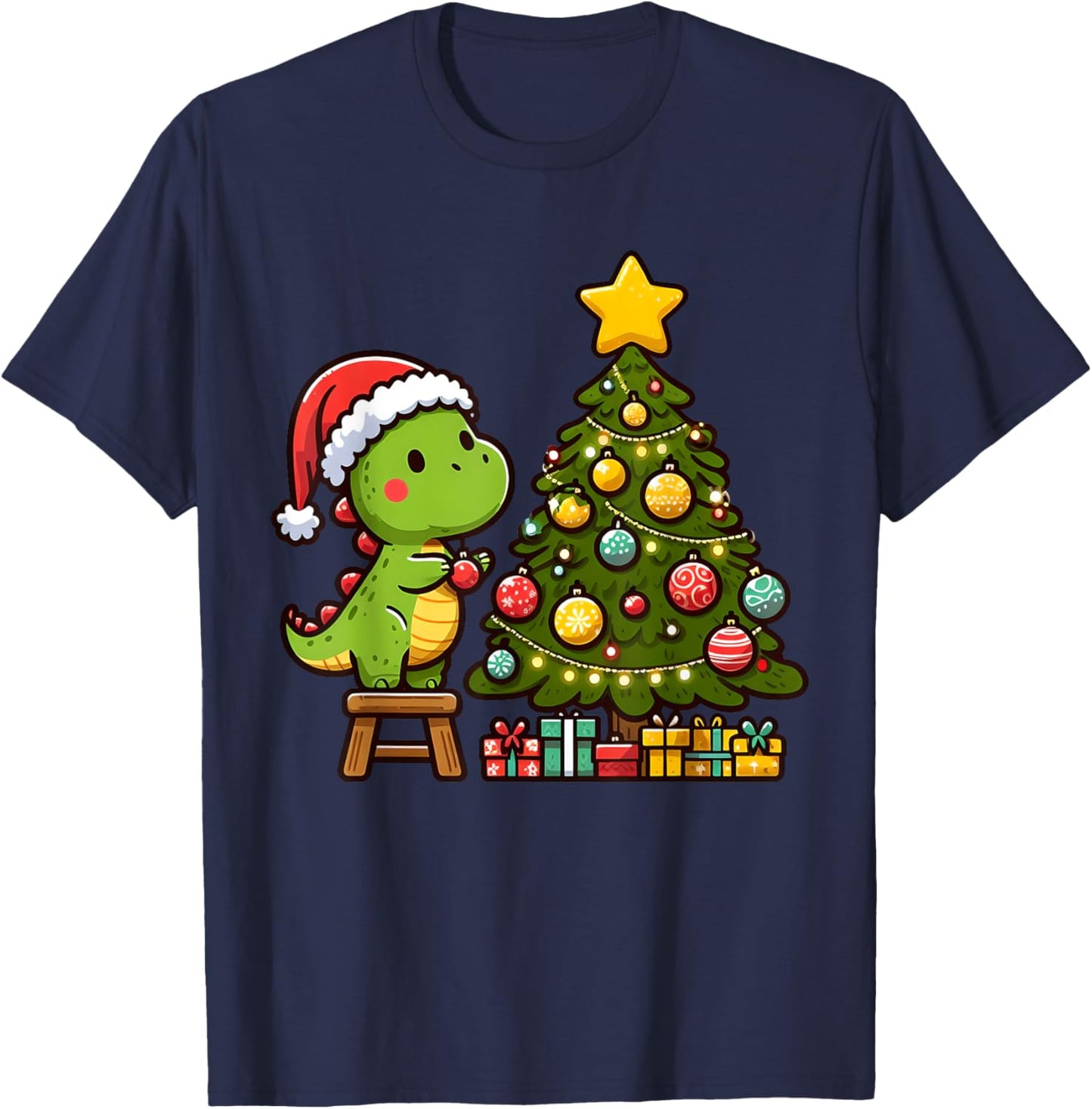 Cute T Rex Dinosaur Decorating Christmas Tree Xmas Holiday T-Shirt - T-Shirt | Navy