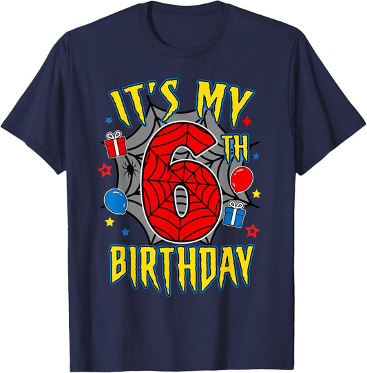 It's My 6th Birthday Spider Theme Party Turning 6yr Boy Kids T-Shirt - T-Shirt | Navy