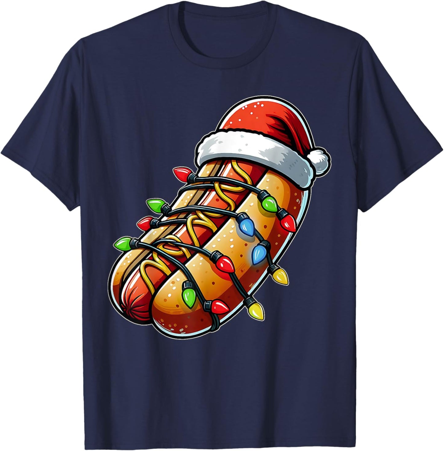 Hot Dog Christmas Hat Xmas T-Shirt - T-Shirt | Navy