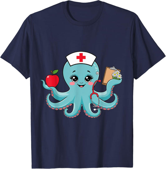 Octopus Nurse Cute Animal Nursing Cartoon Ocean T-Shirt - T-Shirt | Navy