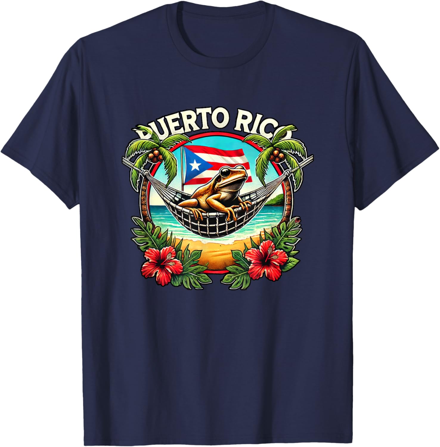 Puerto Rico Vacation Coqui Hammock Palm Trees Flowers Beach T-Shirt - T-Shirt | Navy