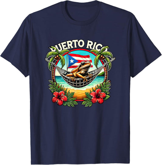 Puerto Rico Vacation Coqui Hammock Palm Trees Flowers Beach T-Shirt - T-Shirt | Navy