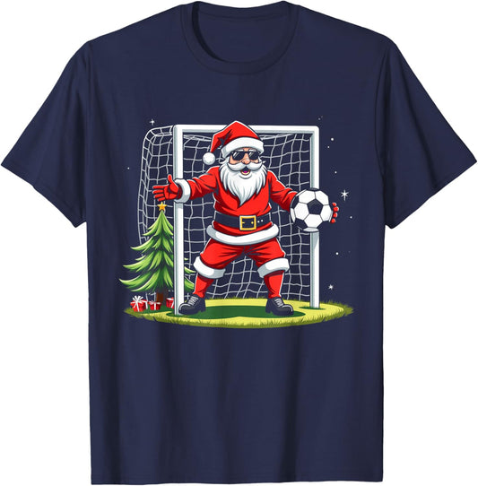 Santa Plays Soccer Christmas Soccer Player Goalkeeper T-Shirt - T-Shirt | Navy
