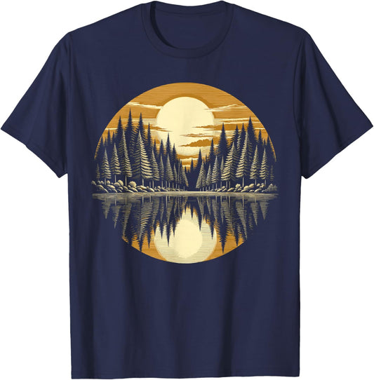 Nature Reflection Retro Forest Trees Outdoor Wildlife T-Shirt - T-Shirt | Navy