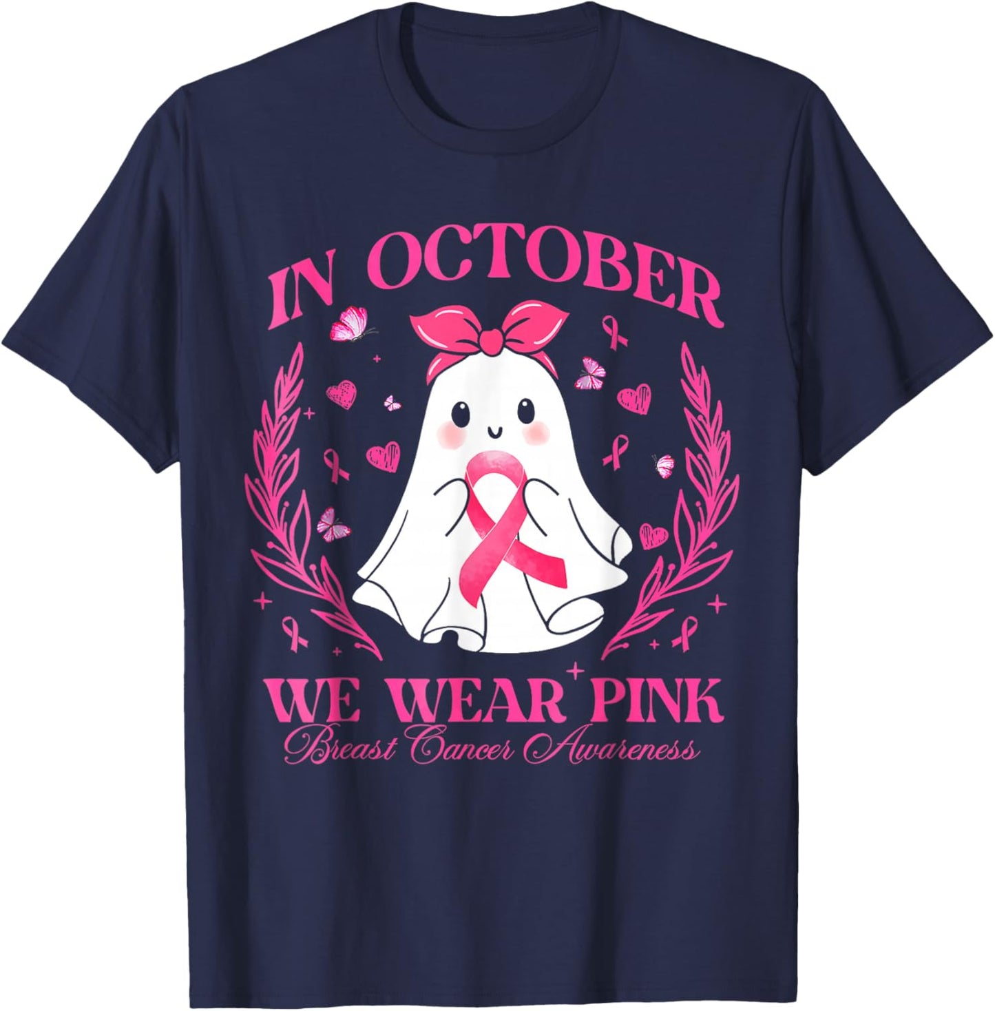 In October We Wear Pink Ghost Witch Breast Cancer Awareness T-Shirt - T-Shirt | Navy