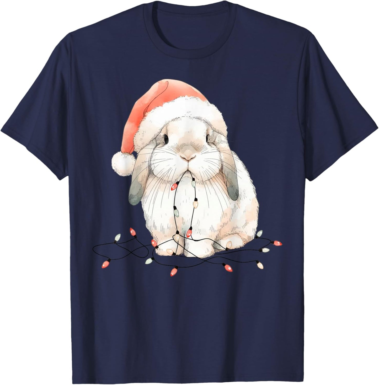 Cute Rabbit Bunny Lop Chew Christmas Light Xmas Watercolor T-Shirt - T-Shirt | Navy