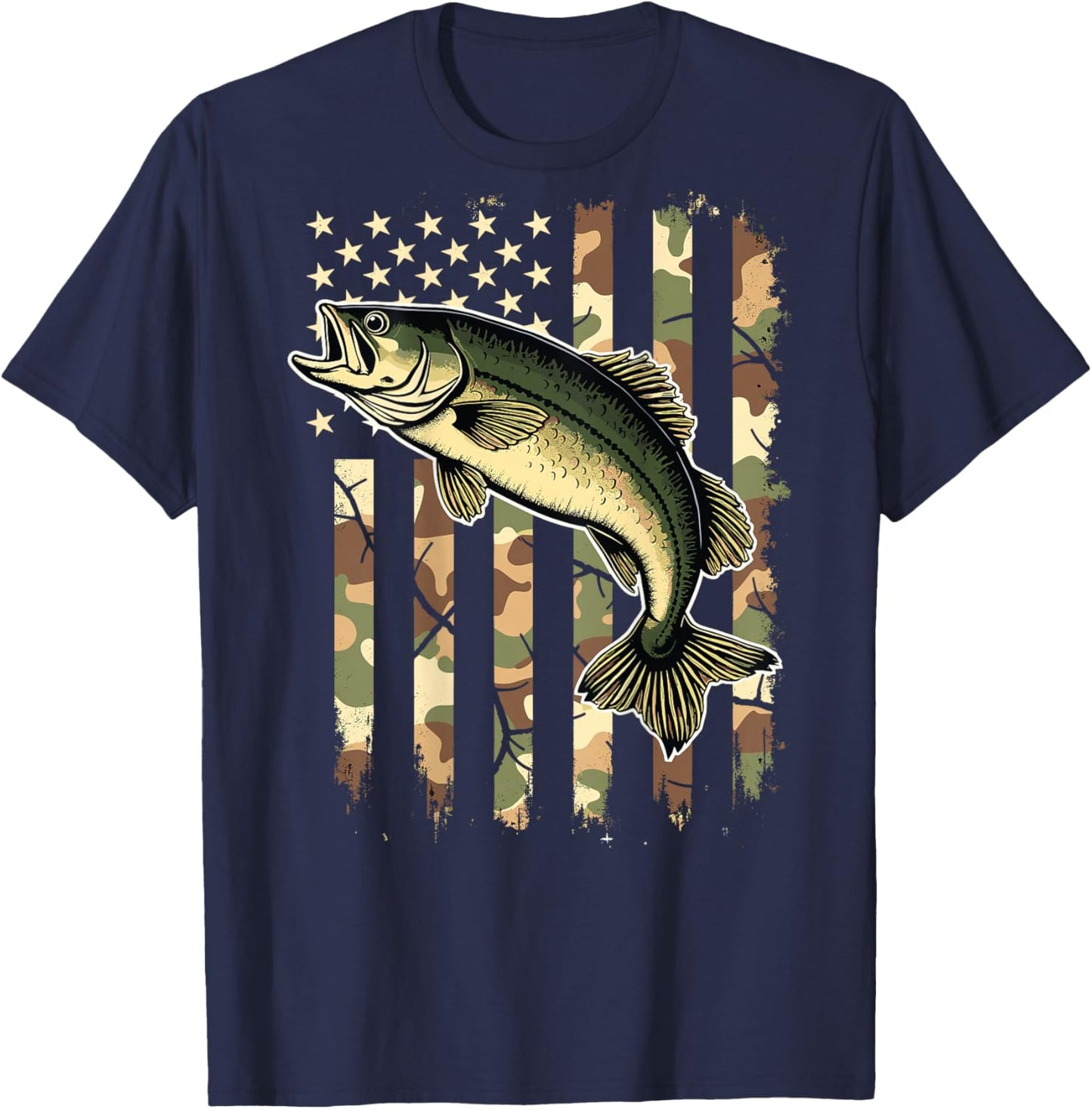Fishing (on Back) Camouflage USA American Flag Fisherman T-Shirt - T-Shirt | Navy