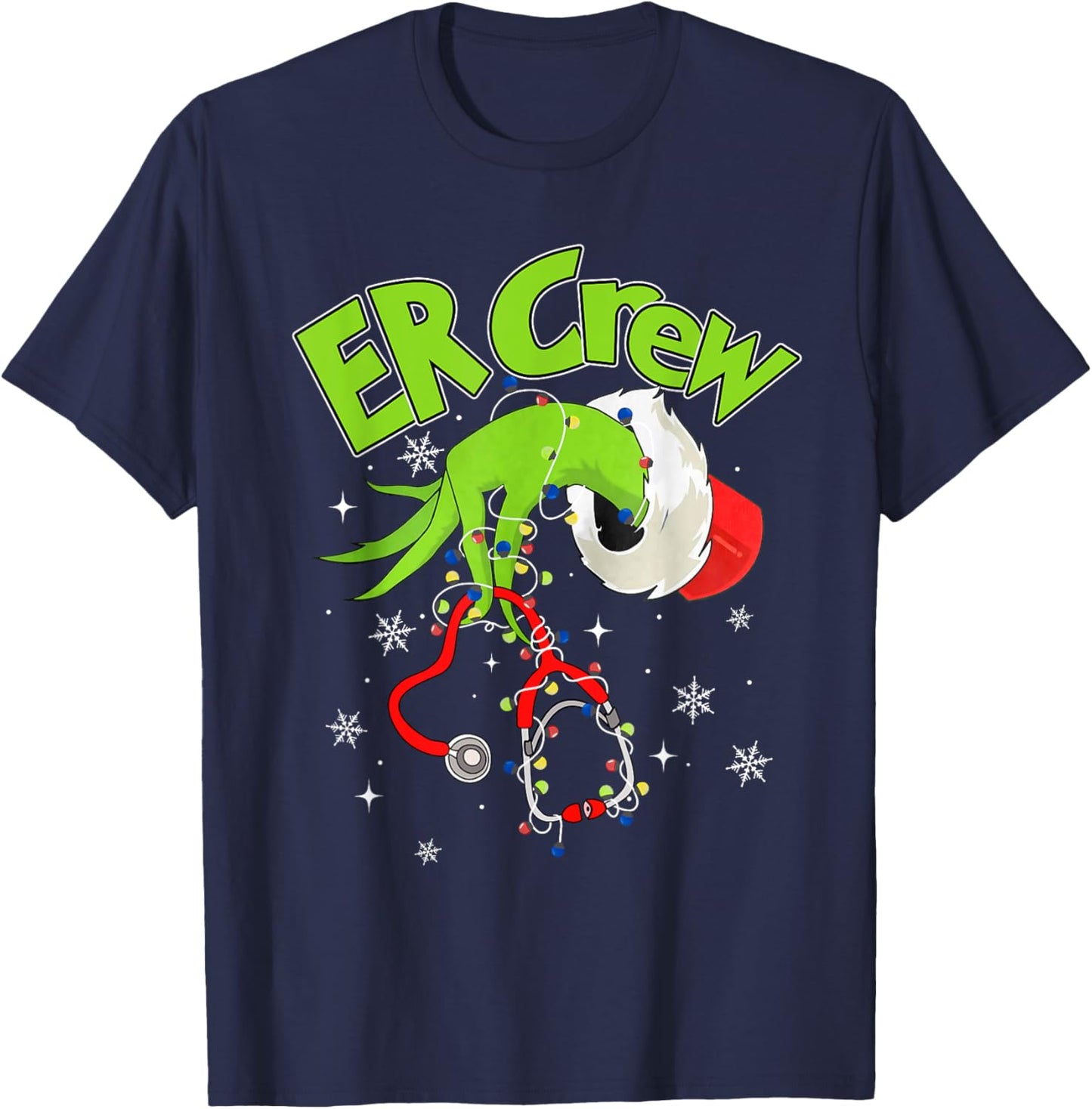 Nurse Christmas Stethoscope ER Crew Xmas Lights Pajamas T-Shirt - T-Shirt | Navy