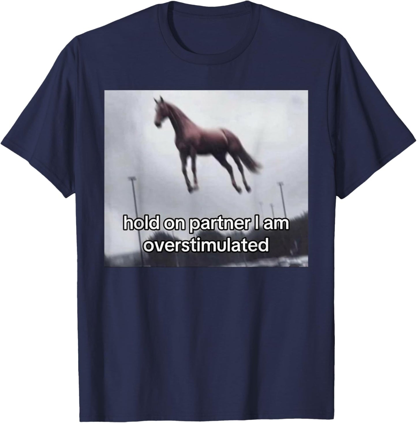 Vintage 1977 Groovy Hold On Partner I'm Overstimulated Western Horse - -Adults, Black, Small, Short Sleeve T-Shirt - T-Shirt | Navy