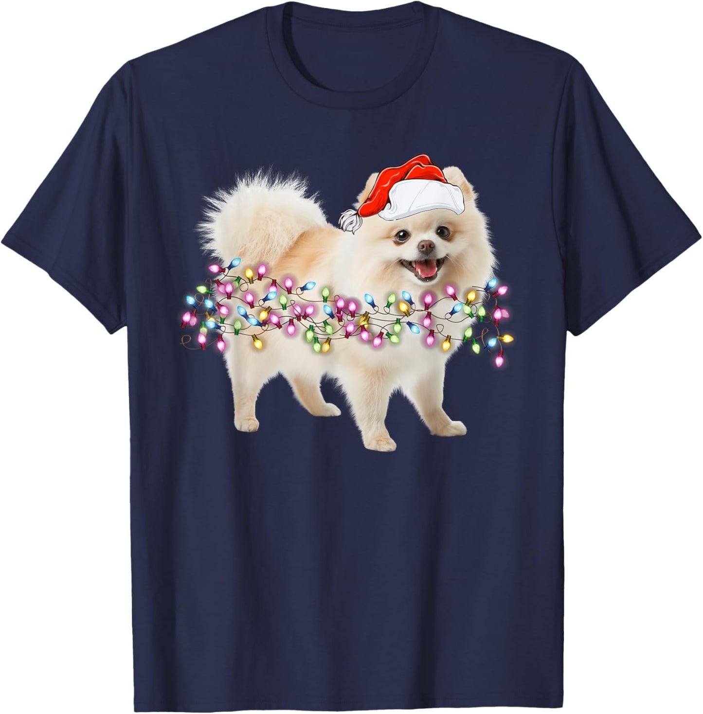 Cute Pomeranian Santa Christmas Tree Lights -Families, Kids, and Cartoon Lovers Black Small Classic Fit Short Sleeve T-Shirt - T-Shirt | Navy