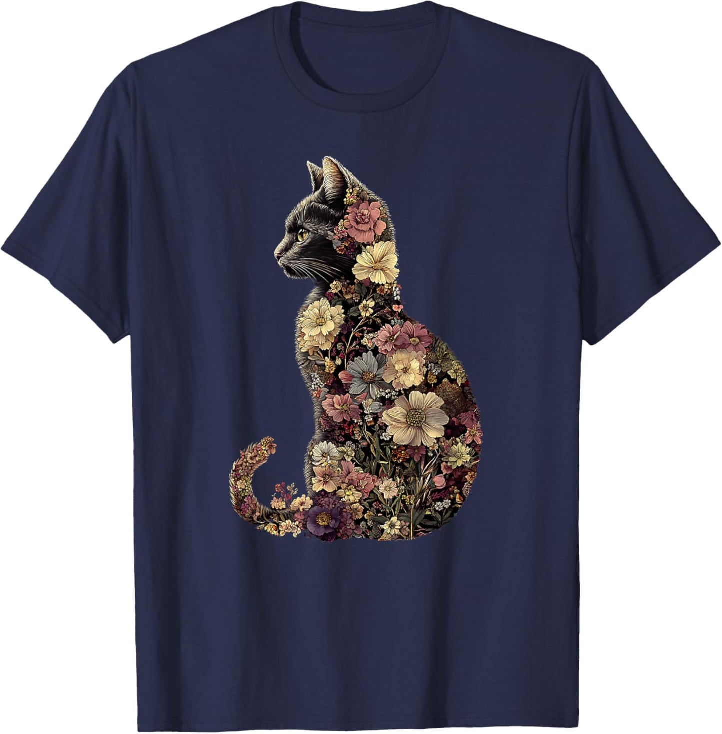 Floral Cat Men Women Girls Kids T-Shirt - T-Shirt | Navy