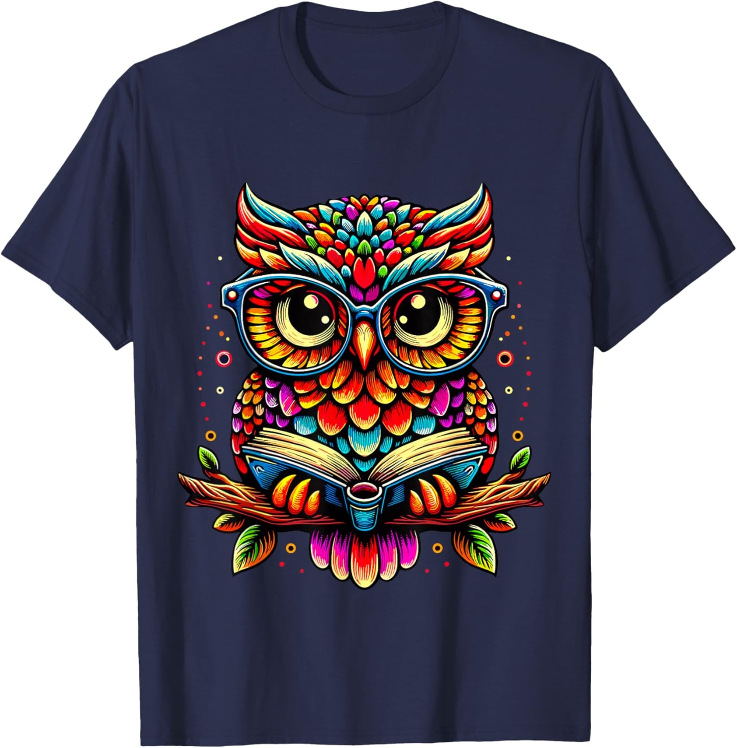 Owl with Glasses and Book Reading T-Shirt - T-Shirt | Navy