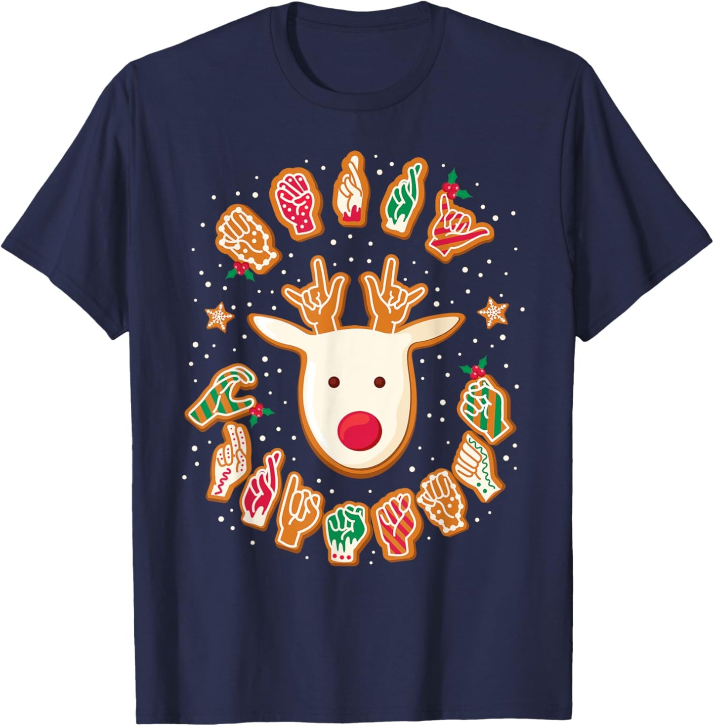 Gingerbread ASL Deaf Signing ASL Christmas - -Adults, -Kids - Black - Small - Short Sleeve - Modern Festive Casual - Reindeer, Gingerbread Hands - Christmas T-Shirt - T-Shirt | Navy