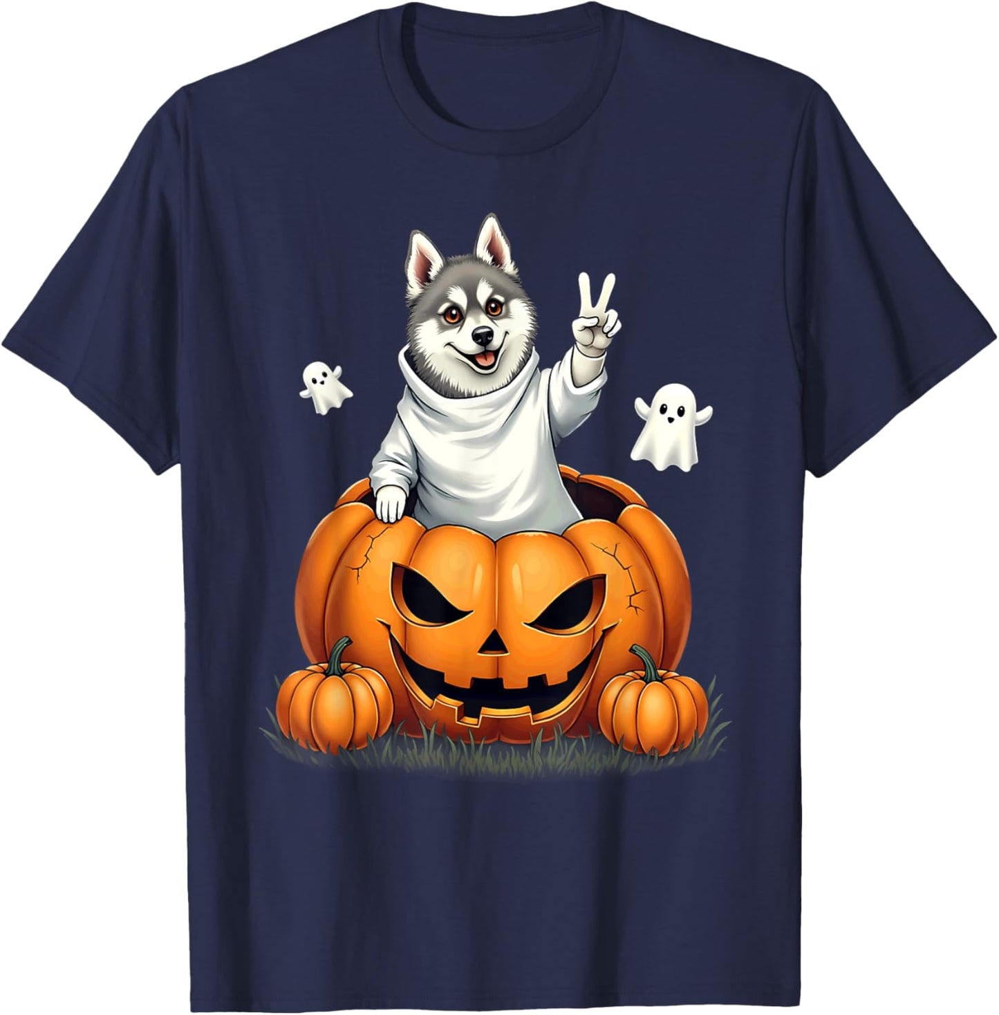 Pumpkin Boo Ghost Alaskan Klee Kai Dog Halloween Costume T-Shirt - T-Shirt | Navy
