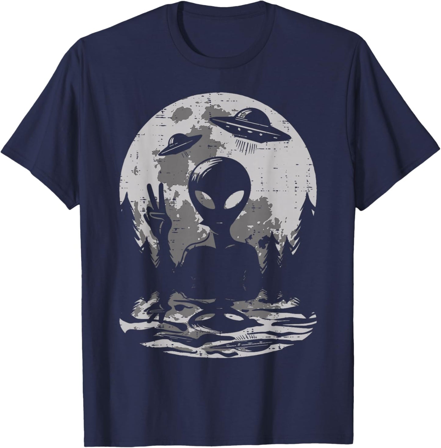 Alien Peace Ufo Moon Space Flying Saucer Men Women Kids Teen T-Shirt - T-Shirt | Navy