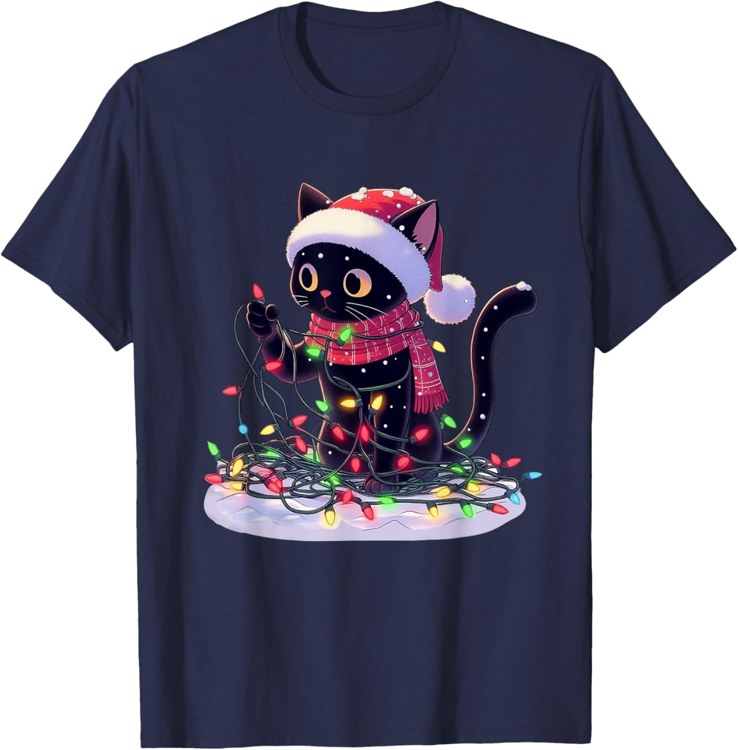 Black Cat Santa Tangled Up In Christmas Tree Lights Holiday T-Shirt - T-Shirt | Navy