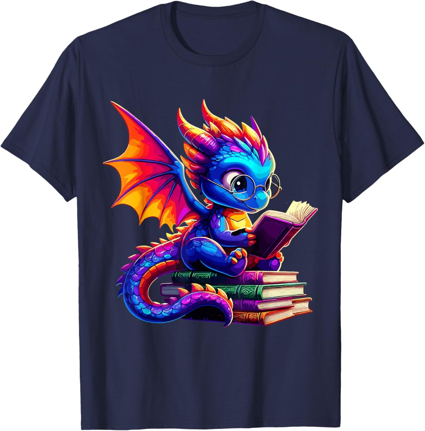 Dragon Reading a Book Bookworm Book Lover T-Shirt - T-Shirt | Navy