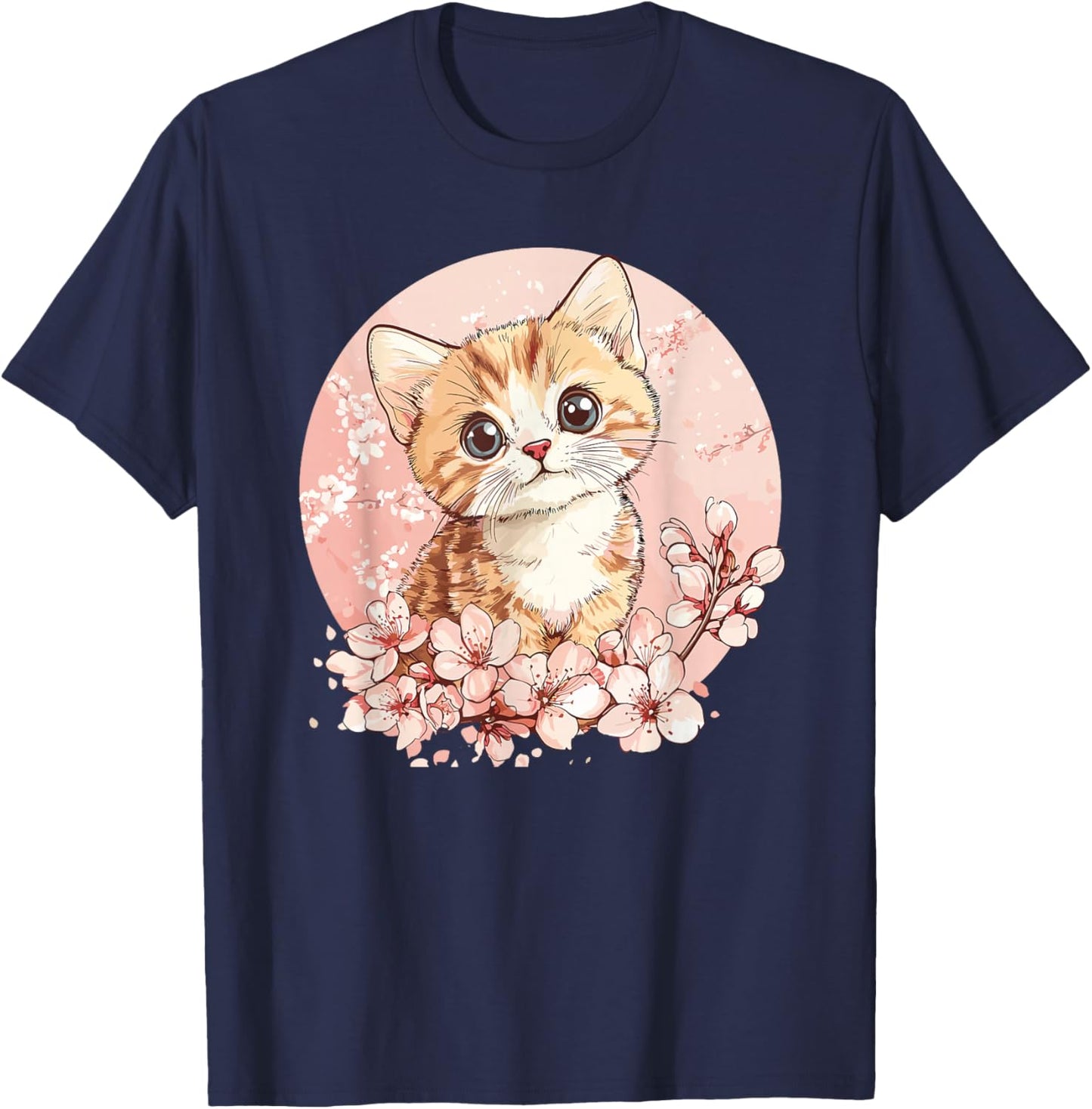 Cute Kitten Surrounded By Cherry Blossoms T-Shirt - T-Shirt | Navy