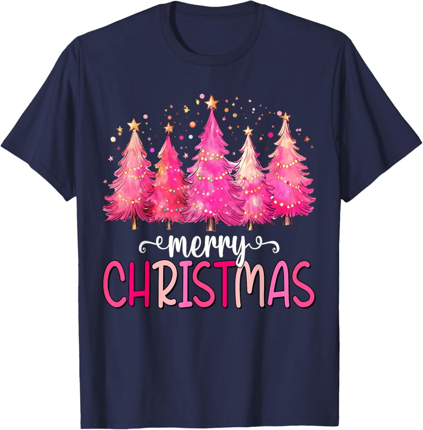 Merry and Bright Pink Christmas Tree Pink Christmas Tree T-Shirt - T-Shirt | Navy