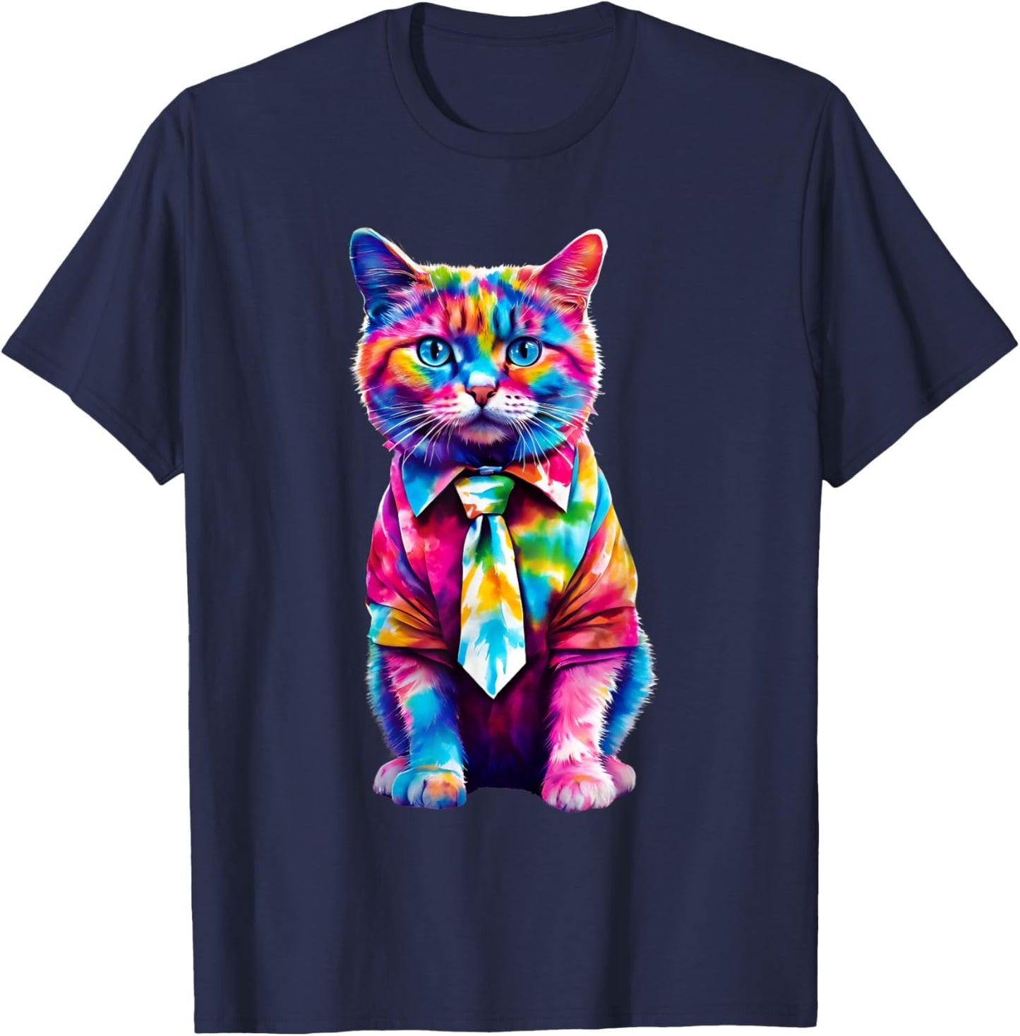 Colorful Rainbow Cat in Tie Dye Cute Funny Cat Lover Women Girls Kids T-Shirt - T-Shirt | Navy