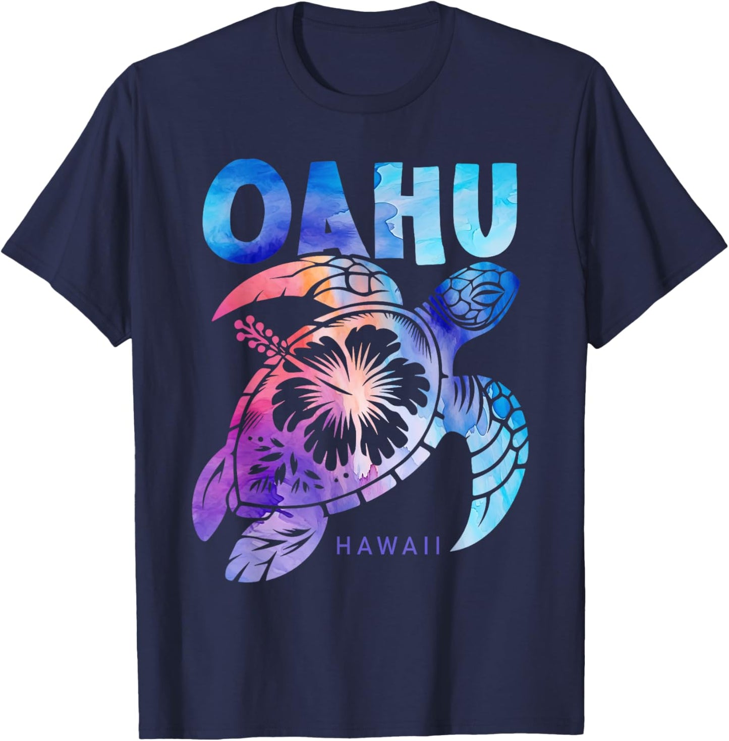 Oahu Tie Dye Sea Turtle Hibiscus Hawaii Vacation 2025 T-Shirt - T-Shirt | Navy