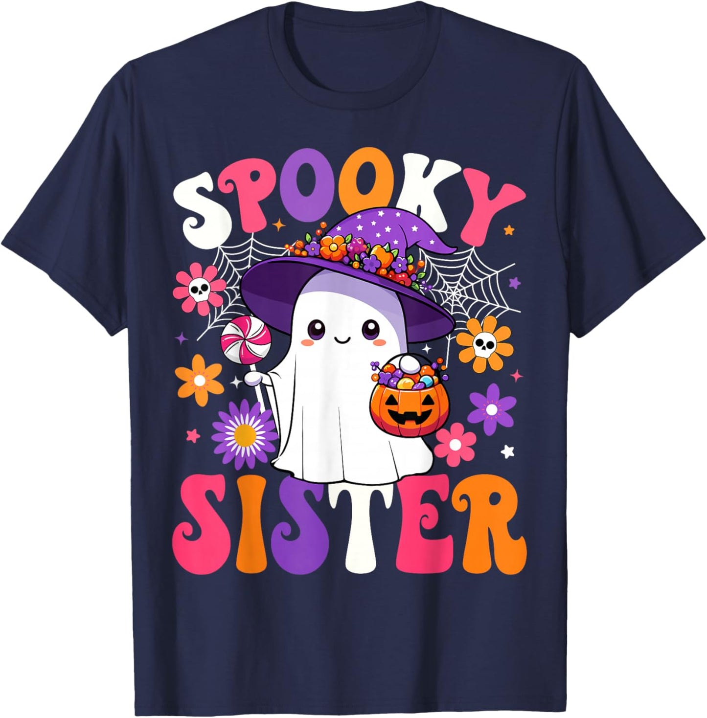 Groovy Spooky Sister Halloween Ghost Pumpkin Halloween Sis T-Shirt - T-Shirt | Navy