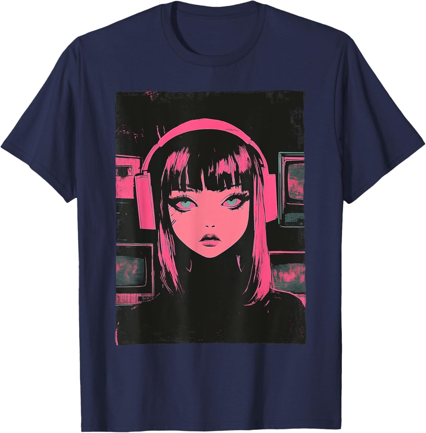 Cute E-girl Anime Vaporwave Cyber Goth Distressed Grunge T-Shirt - T-Shirt | Navy