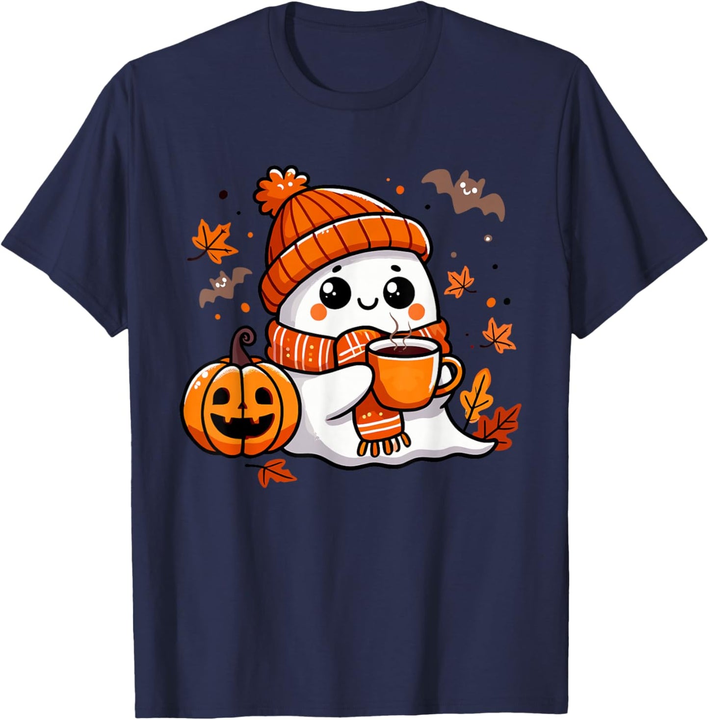 Halloween Ghost Drinking Coffee, Cute Kawaii Halloween T-Shirt - T-Shirt | Navy