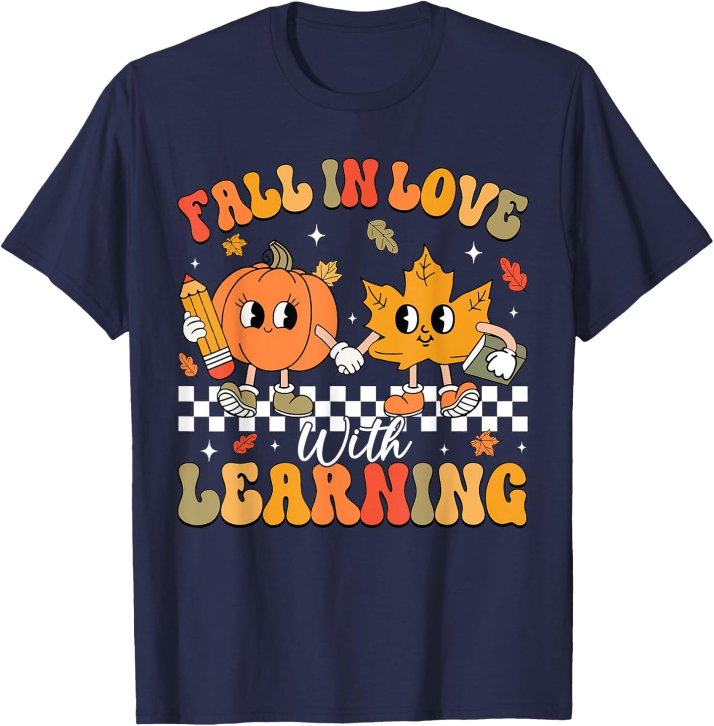 Retro Fall In Love With Learning Autumn Pumpkin Teacher T-Shirt - T-Shirt | Navy