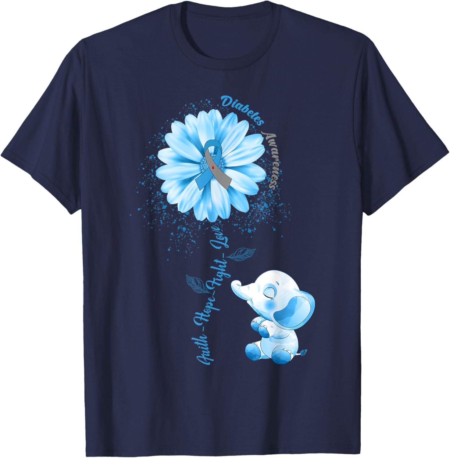 Faith Hope Fight Love Elephant Type 1 Diabetes Awareness Day T-Shirt - T-Shirt | Navy