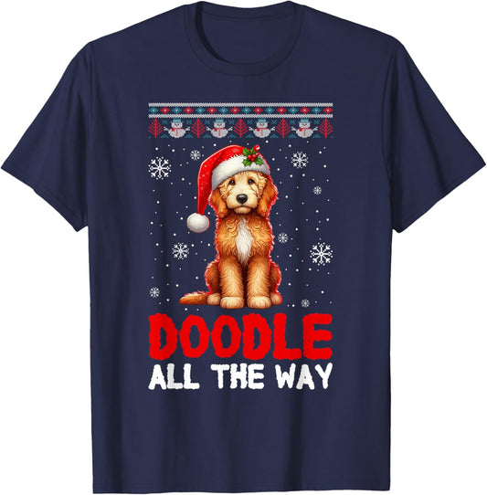 Doodle All The Way Funny Goldendoodle Santa Hat Christmas T-Shirt - T-Shirt | Navy