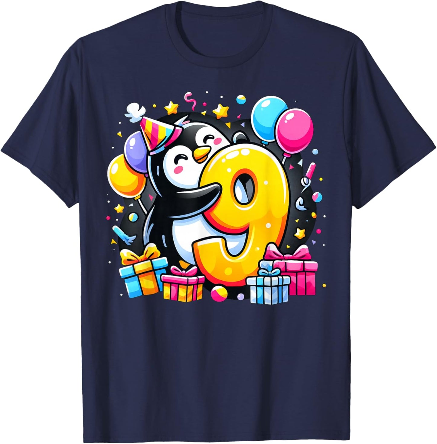 Kids Penguin Theme ninth Bday Party 9th Penguin Birthday T-Shirt - T-Shirt | Navy