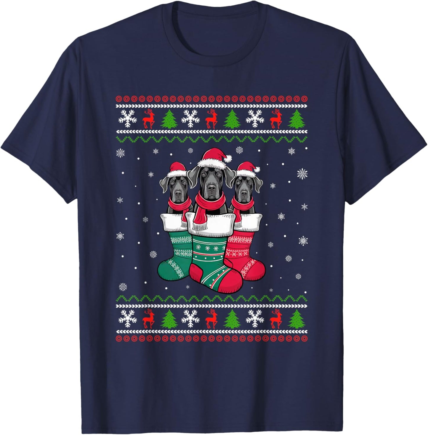 Ugly Xmas Sweater Great Dane Dog In Christmas Socks T-Shirt - T-Shirt | Navy