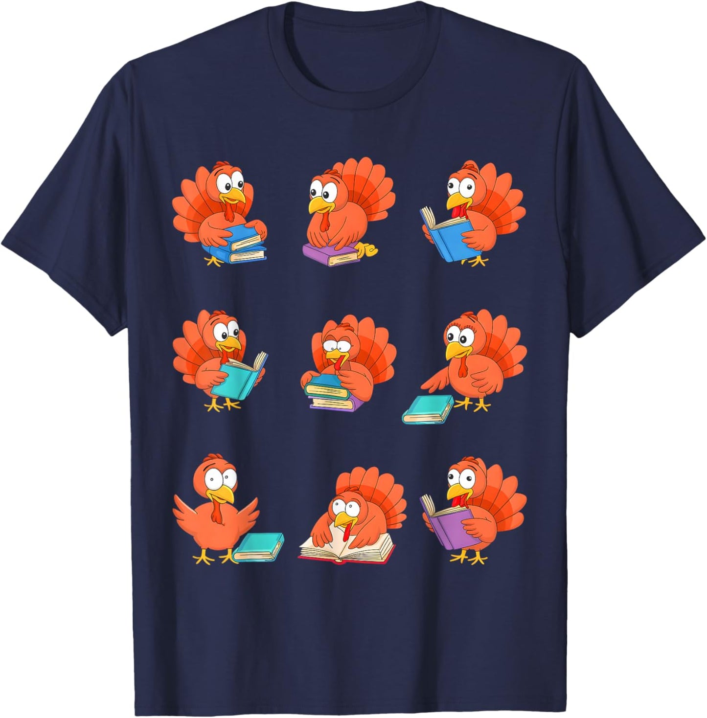 Cute Turkeys Reading Books Thanksgiving Books Lovers T-Shirt - T-Shirt | Navy