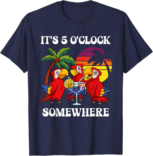 It's 5 O'clock Somewhere Vacation Drinking Parrot T-Shirt - T-Shirt | Navy