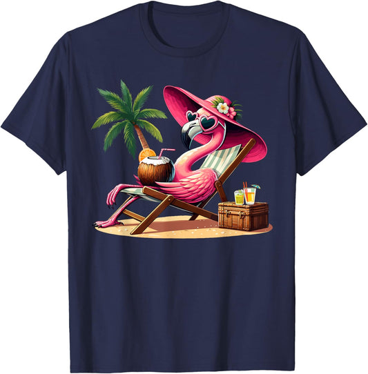 Pink Flamingo Summer Vibes Beach Palm Tree Summer Vacation T-Shirt - T-Shirt | Navy