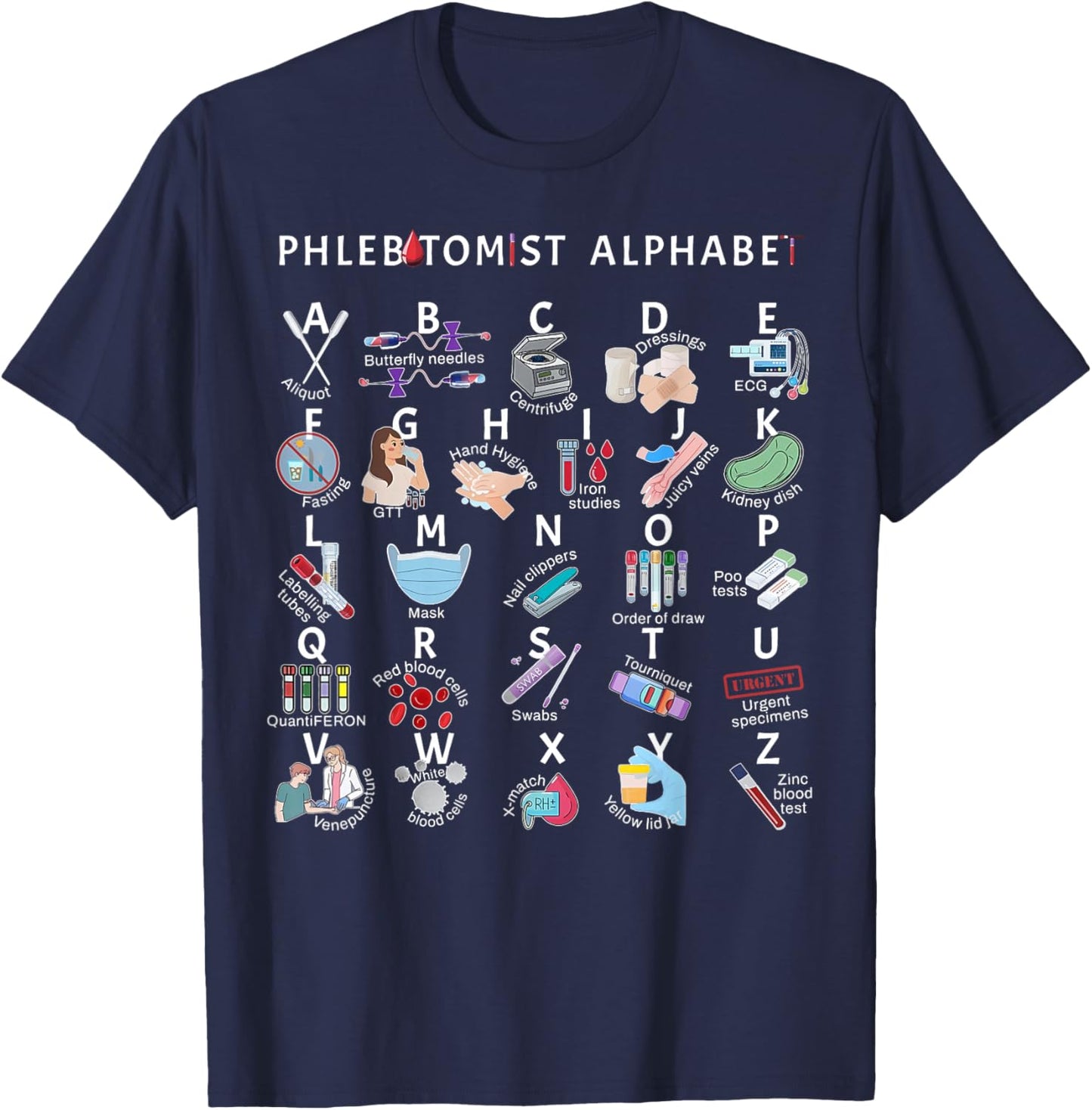 Phlebotomy Nurse Phlebotomist Alphabet Outfit -Adults Black Small Modern Letter Print T-Shirt - T-Shirt | Navy
