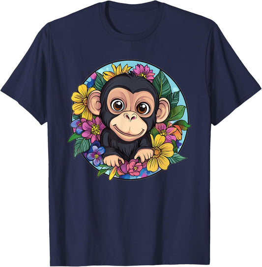 Cute Monkey With Flowers I Monkey T-Shirt - T-Shirt | Navy