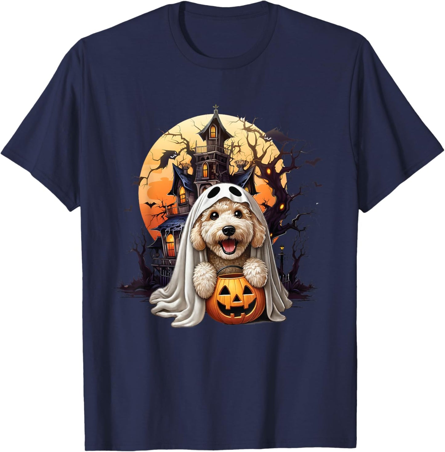 Playful Halloween Doodle Dog Ghost Design Fun for Dog Love T-Shirt - T-Shirt | Navy