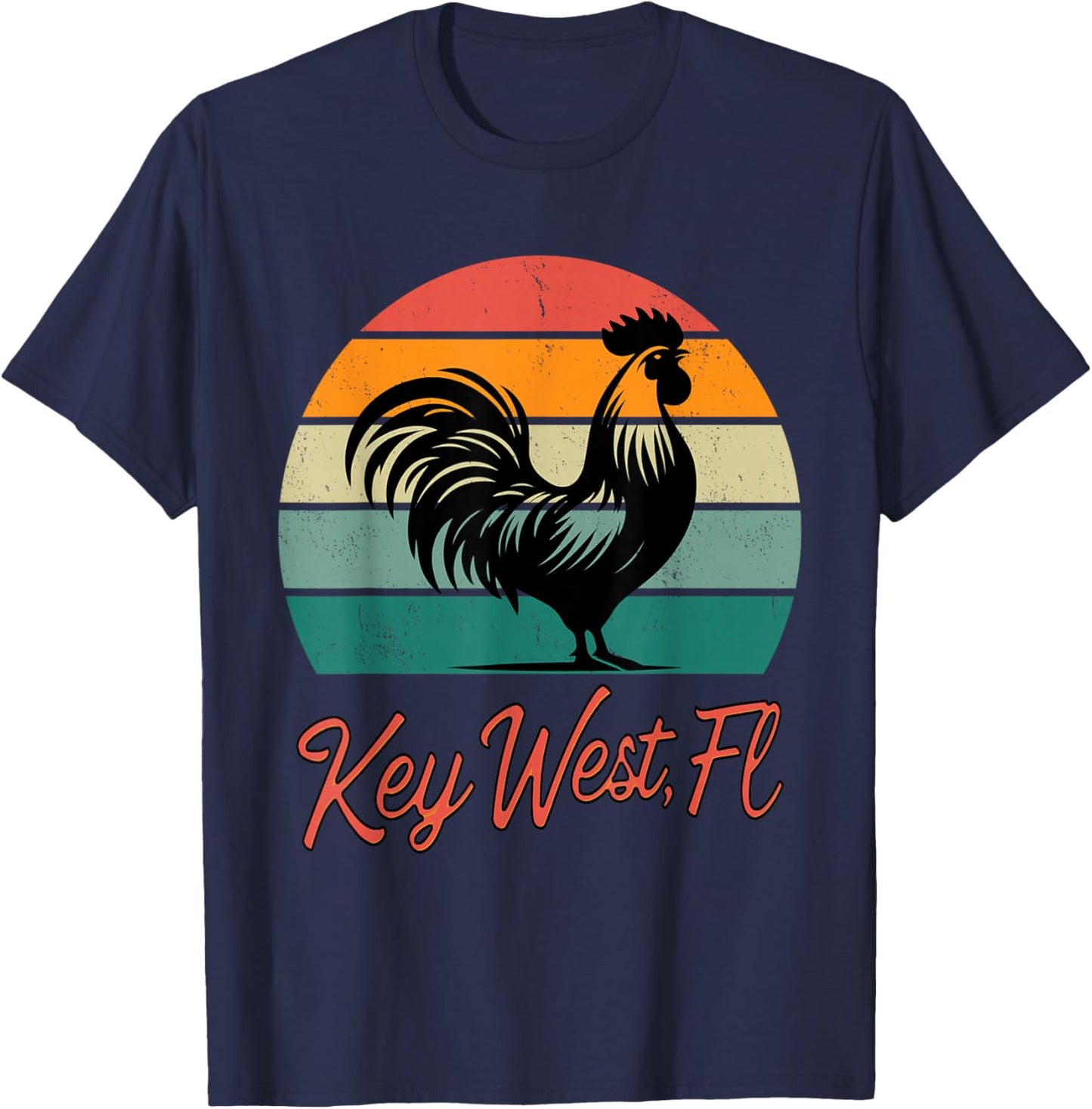 Key West Florida rooster chicken with retro sunset T-Shirt - T-Shirt | Navy