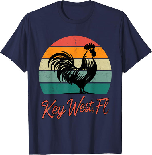 Key West Florida rooster chicken with retro sunset T-Shirt - T-Shirt | Navy