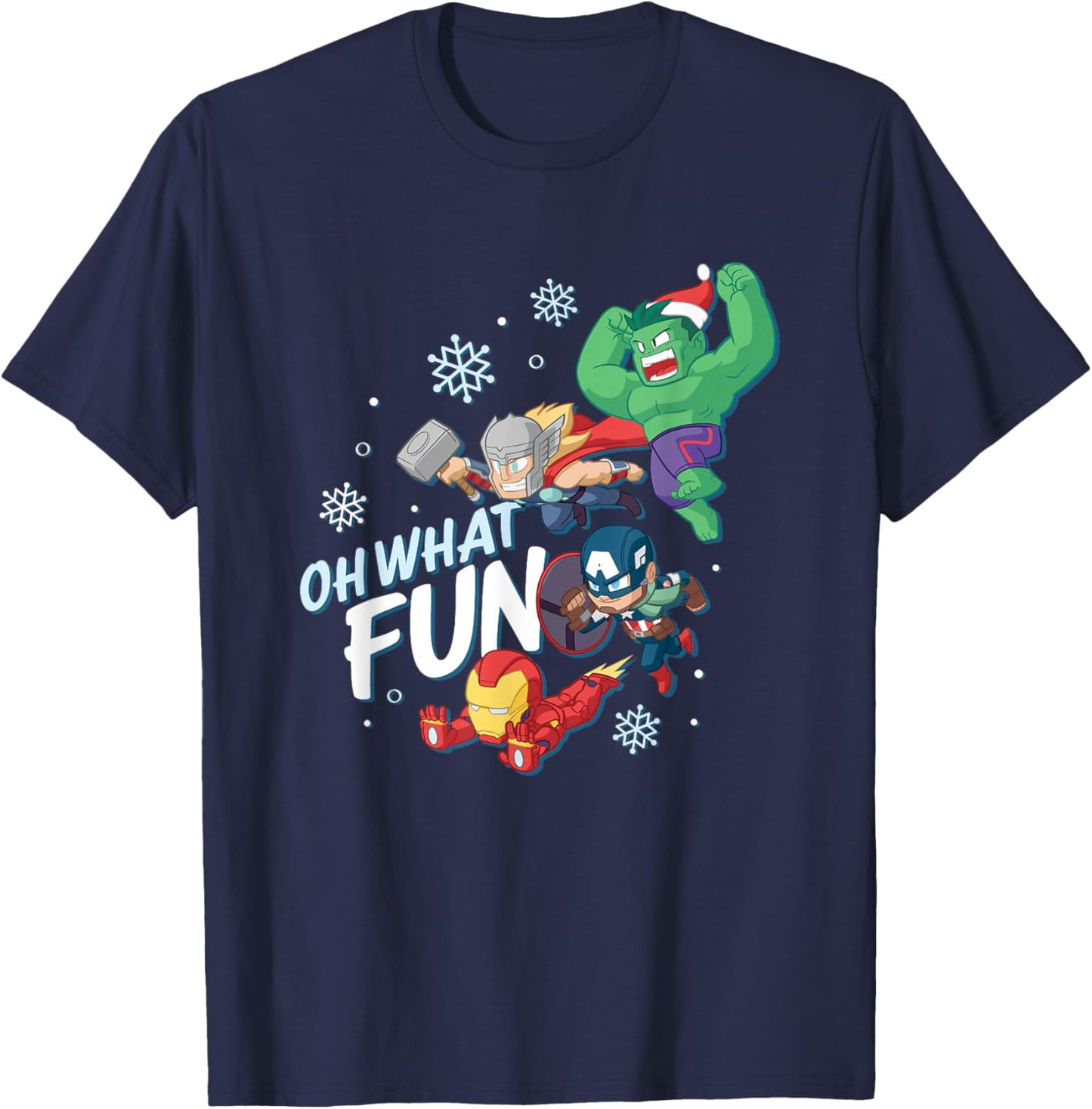 Marvel Christmas Oh What Fun Cute Avengers Big Chest Logo T-Shirt - T-Shirt | Navy